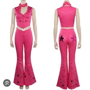 Women’s Pink Cowgirl Outfit  70s 80s Hippie Disco Halloween Movie Doll Costume,